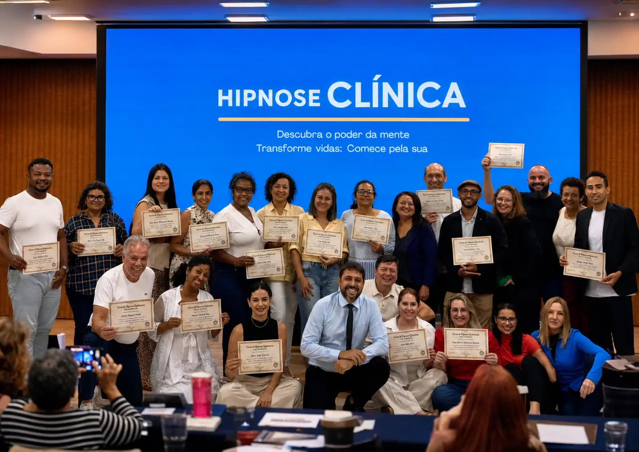 Turma formada da Formação MHT segurando certificados, diante do telão Hipnose Clínica